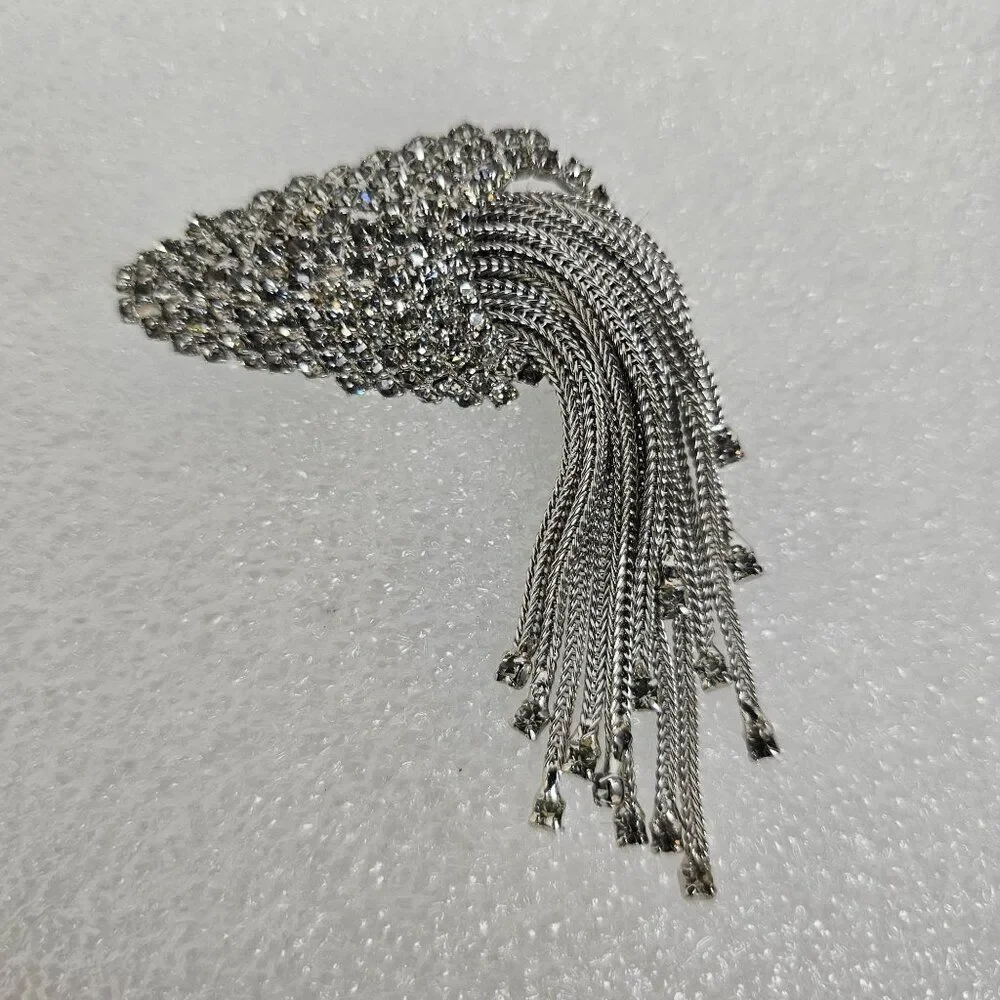Vintage Silver Tone Crystal Rhinestone Brooch Pin‎ Clip On Earring Set Waterfall